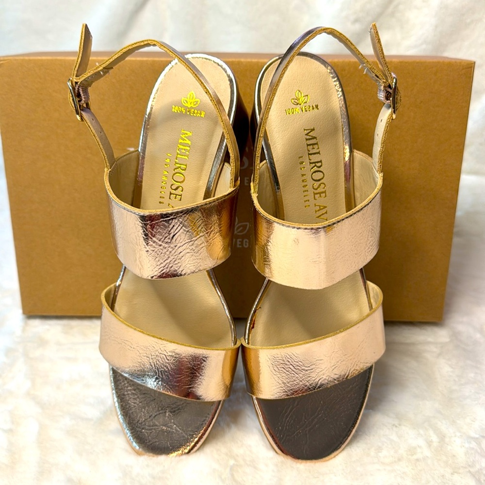 Melrose Ave. Los Angeles 100% Vegan, Rose Gold Metallic, 2” Heel, Strap Sandals - Picture 3 of 12